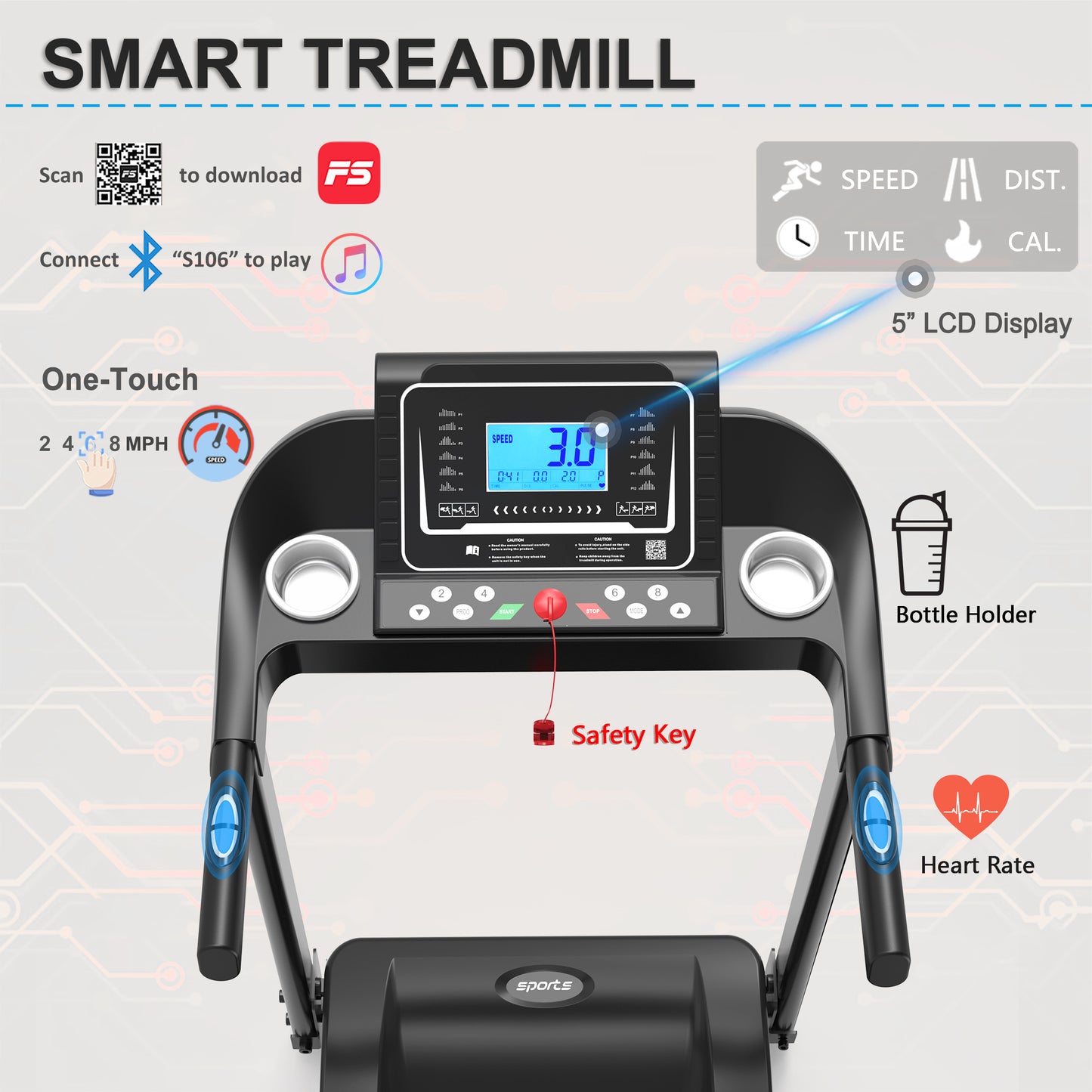 Foldable Treadmill with LCD Screen, Bluetooth Music & APP